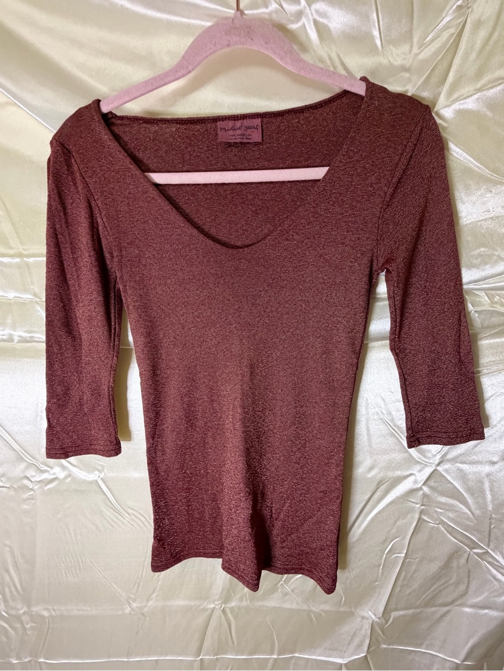 Michael Stars Womens OS Burgundy Metallic Shimmer Scoop Neck 3/4 Sleeve USA